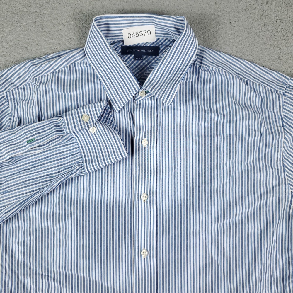 Tommy Hilfiger Shirt Mens 16 Blue Striped Dress Button Up Long Sleeve * - Picture 2 of 8